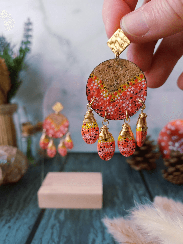 "Équinoxe" Attrape-rêve d'automne doré - Boucles d'oreilles liège et graines 