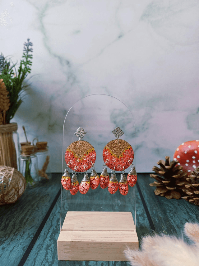 "Équinoxe" Attrape-rêve d'automne argenté- Boucles d'oreilles liège et graines 