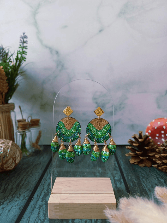"Équinoxe" Attrape-rêve d'automne doré - Boucles d'oreilles liège et graines 