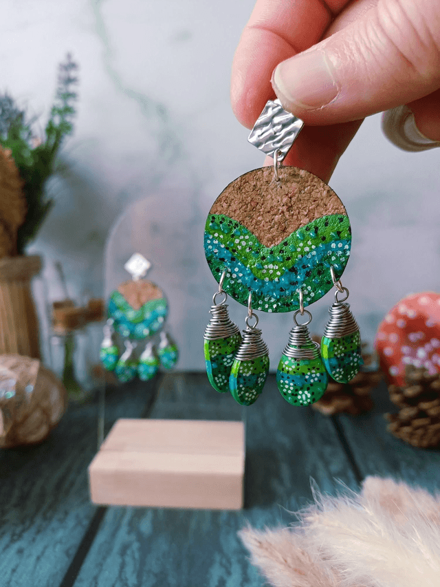 "Équinoxe" Attrape-rêve d'automne argenté- Boucles d'oreilles liège et graines 