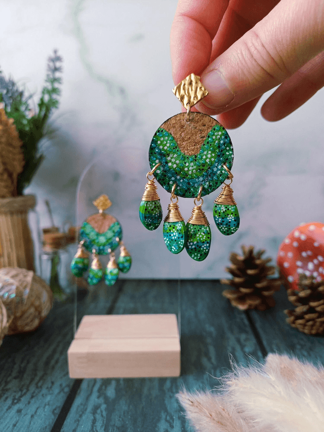"Équinoxe" Attrape-rêve d'automne doré - Boucles d'oreilles liège et graines 