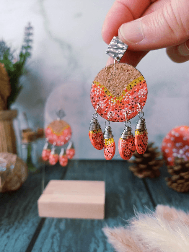 "Équinoxe" Attrape-rêve d'automne argenté- Boucles d'oreilles liège et graines 